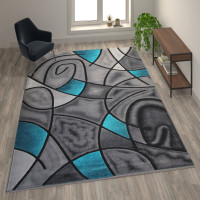 Flash Furniture ACD-RGTRZ860-810-TQ-GG Jubilee Collection 8' x 10' Turquoise Abstract Area Rug - Olefin Rug with Jute Backing - Living Room, Bedroom, & Family Room